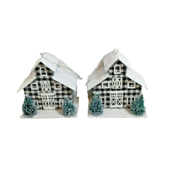 2 Buffalo Plaid Black White Barn Style Christmas Ornament Fir Trees NEW - Picture 1 of 7